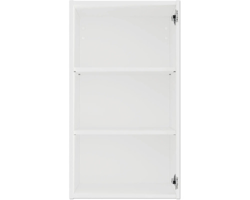 Offener weißer Badezimmerschrank mit zwei Regalböden für die Aufbewahrung im Badezimmer