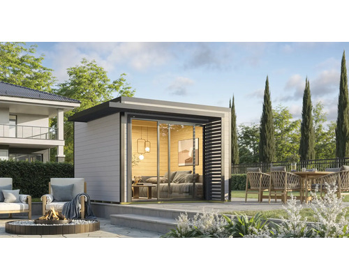 Gartenhaus weka Amberley 28 mm inkl. Fußboden 350 x 353 cm grau-anthrazit Moderner Garten mit Gartenhaus, Feuerstelle und Sitzgruppe