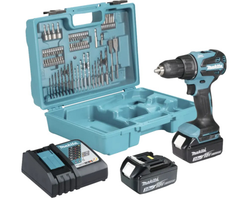 Makita Akku-Bohrschrauber Set mit Bohrer- und Bit-Sortiment, Ladegerät und zwei Akkus im Koffer