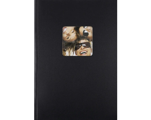 Schwarzes Fotoalbum mit quadratischem Ausschnitt für ein Foto auf dem Einband