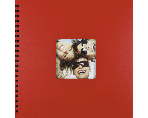 Rotes Fotoalbum mit Spiralbindung und quadratischem Bildausschnitt