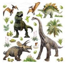 Illustration verschiedener Dinosaurierarten wie Tyrannosaurus Rex, Stegosaurus, Triceratops und Brachiosaurus