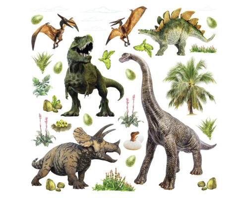 Illustration verschiedener Dinosaurierarten wie Tyrannosaurus Rex, Stegosaurus, Triceratops und Brachiosaurus