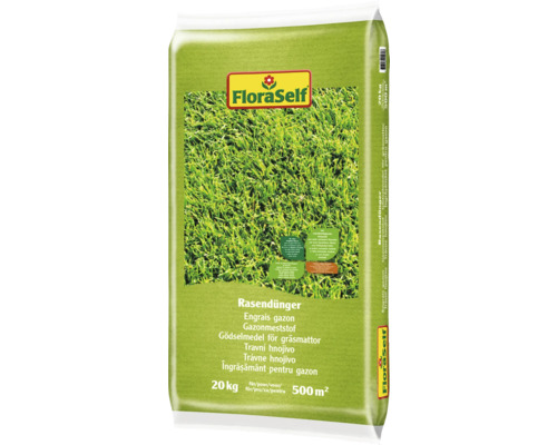Rasendünger FloraSelf 20 kg / 500 m² mineralischer Dünger Verpackung Rasendünger von FloraSelf für 500 Quadratmeter