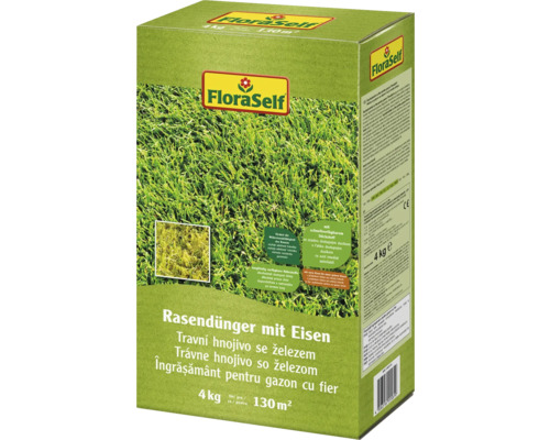 FloraSelf Rasendünger mit Eisen, 4 kg Packung für 130 Quadratmeter