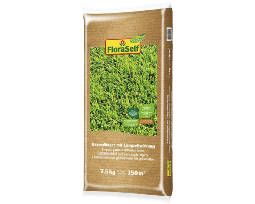 Sack Rasendünger mit Langzeitwirkung von FloraSelf, 7,5 kg für 150 Quadratmeter