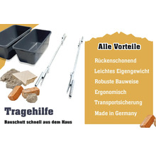 Bauschutt-Tragehilfe mit zwei Behältern und Tragegriffen für den Transport von Bauschutt.