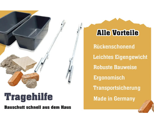 Bauschutt-Tragehilfe mit zwei Behältern und Tragegriffen für den Transport von Bauschutt.