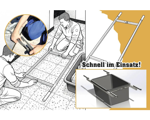 Illustration eines Mannes, der einen Mörtelkübel-Tragehilfe montiert