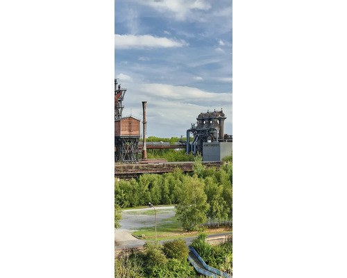 Industrieanlage mit alten Stahlkonstruktionen und grüner Vegetation im Vordergrund