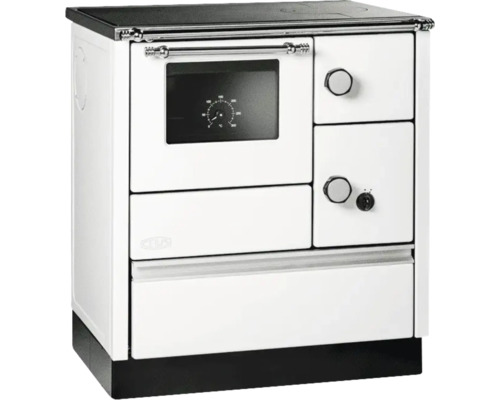 Festbrennstoffherd Lohberger Cook 75 weiß Backofen links mit Stahlplatten-Kochfeld Weißer Küchenofen mit schwarzer Kochfläche und Backofen