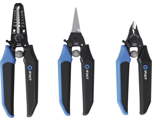 Drei iFixit Werkzeuge: Abisolierzange, Kabelschneider und Seitenschneider