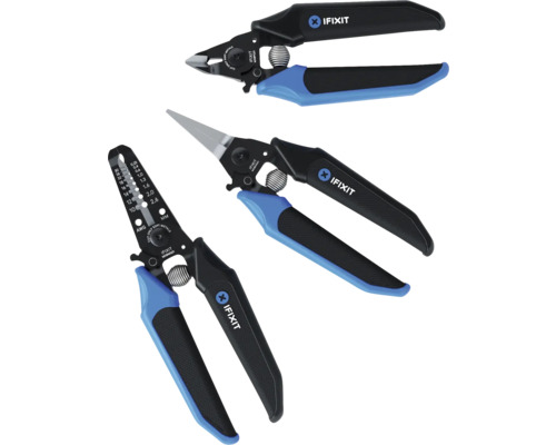 Drei iFixit Werkzeugzangen mit blauem Griff