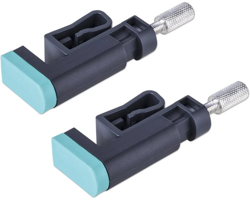 Zwei Tischplattenverbinder aus Kunststoff mit Schraubmechanismus