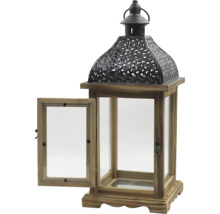 Dekorative Laterne aus Holz und Glas mit geöffneter Tür.