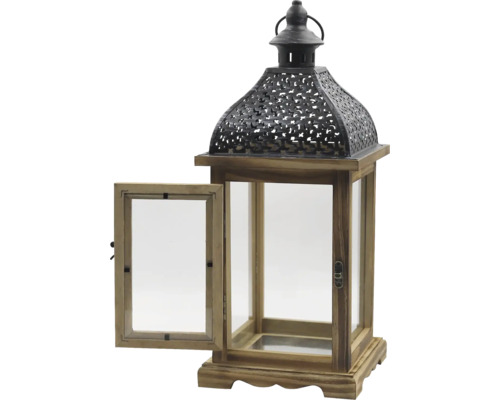 Dekorative Laterne aus Holz und Glas mit geöffneter Tür.