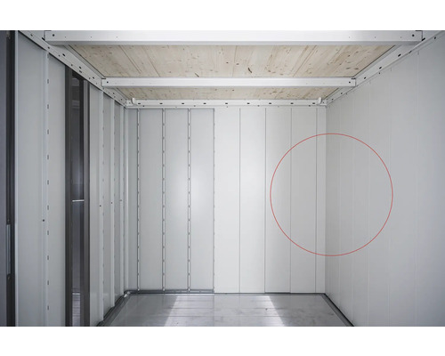 Innenverkleidung Biohort für Gartenhaus Neo 1A Standardtür Innenansicht eines Raumes mit Paneelen und Holzdecke