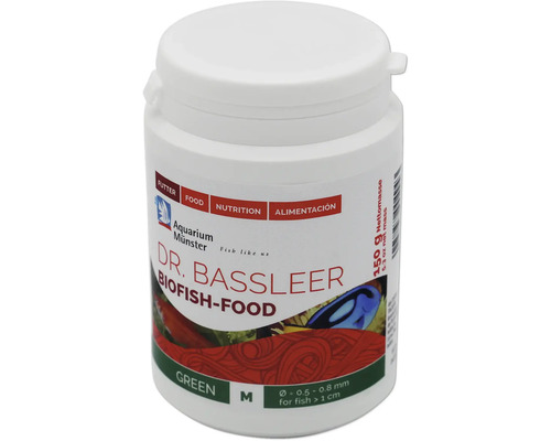 Aquariumfischfutter Aquarium Münster Dr. Bassleer Biofish Food green M 150 g Dr. Bassleer Biofish-Food in einer weißen Dose