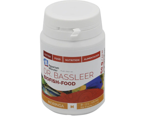 Dr. Bassleer Biofish-Food in einer weißen Dose mit Moringa