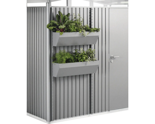 Blumenkasten Set Biohort Flora Board 82x25x188 cm quarzgrau-metallic Metallgartenhaus mit zwei bepflanzten Kräutercontainern