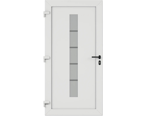 Weiße Tür mit rechteckigem Glaseinsatz und Griff