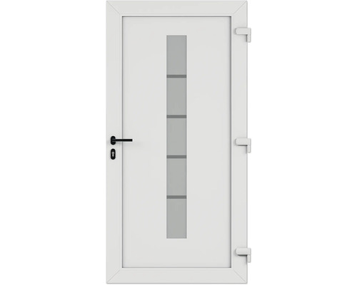 Weiße Innentür mit rechteckigem Glaseinsatz und schwarzem Türgriff