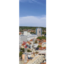 Panoramaaufnahme einer Stadt mit verschiedenen Gebäuden und einem Baukran.