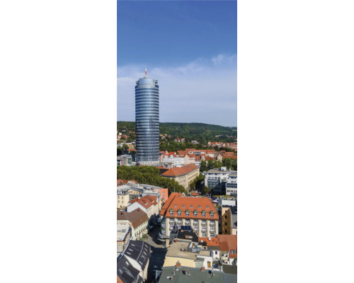 Duschrückwand SCHULTE DecoDesign Jena Tower rechts 255 x 100 cm D190102523 8140 Ansicht eines Stadtbilds mit Hochhaus, Wohnhäusern und bewaldeten Hügeln