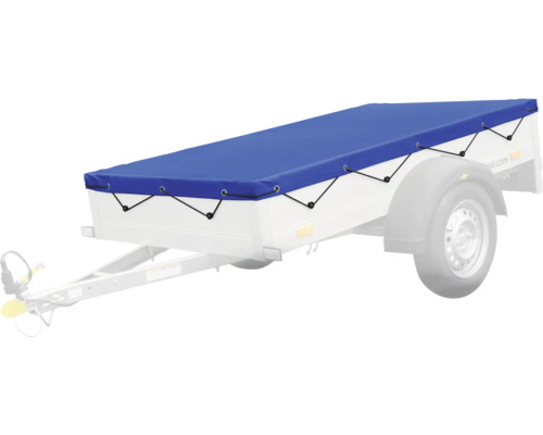 Anhänger mit blauer Plane zum Abdecken der Ladung.