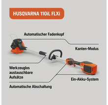 Husqvarna 110iL FLXi Akku-Rasentrimmer mit automatischem Fadenkopf, Kantenmodus, werkzeuglos austauschbaren Aufsätzen, automatischer Abschaltung und Ein-Akku-System.