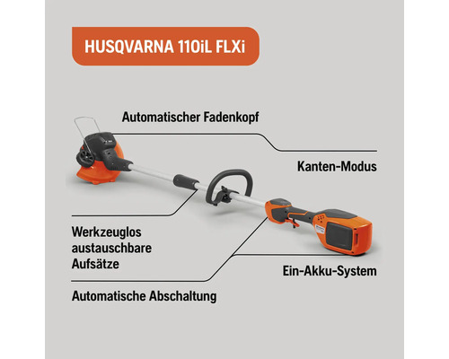 Husqvarna 110iL FLXi Akku-Rasentrimmer mit automatischem Fadenkopf, Kantenmodus, werkzeuglos austauschbaren Aufsätzen, automatischer Abschaltung und Ein-Akku-System.