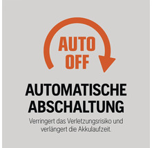 Symbol für automatische Abschaltung zur Reduzierung des Verletzungsrisikos und zur Verlängerung der Akkulaufzeit