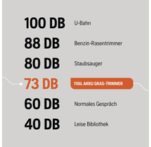 Vergleich der Lautstärke verschiedener Quellen: U-Bahn, Benzin-Rasentrimmer, Staubsauger, Akku-Grastrimmer, normales Gespräch und eine leise Bibliothek.