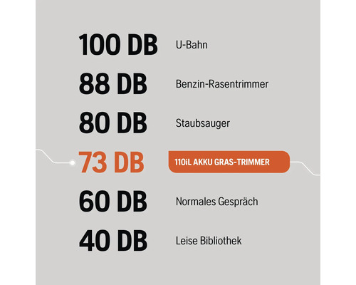 Vergleich der Lautstärke verschiedener Quellen: U-Bahn, Benzin-Rasentrimmer, Staubsauger, Akku-Grastrimmer, normales Gespräch und eine leise Bibliothek.