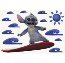 Wandsticker mit Stitch Figur beim Surfen, umgeben von Wellen und einer Sonne