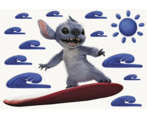 Wandsticker mit Stitch Figur beim Surfen, umgeben von Wellen und einer Sonne