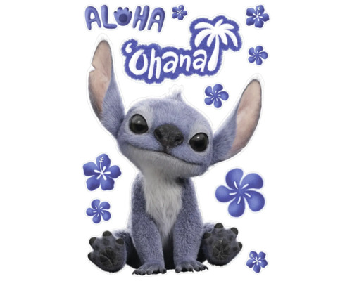 Wandsticker mit Stitch, Aloha, Ohana und Blumenmotiven