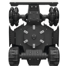 Nahaufnahme eines Robotermähers mit Mulchfunktion und Spezialrädern für präzises Mähen