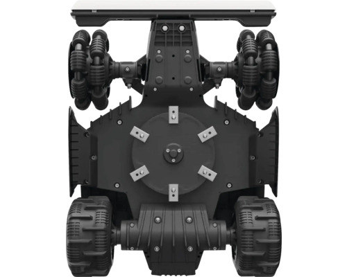 Nahaufnahme eines Robotermähers mit Mulchfunktion und Spezialrädern für präzises Mähen