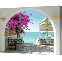 Dekoratives Wandbild mit Meerblick und blühenden Pflanzen