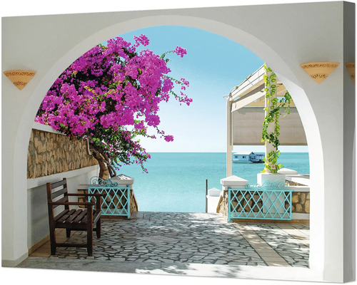 Leinwandbild Outdoor Strand Bogen 117x77 cm Dekoratives Wandbild mit Meerblick und blühenden Pflanzen