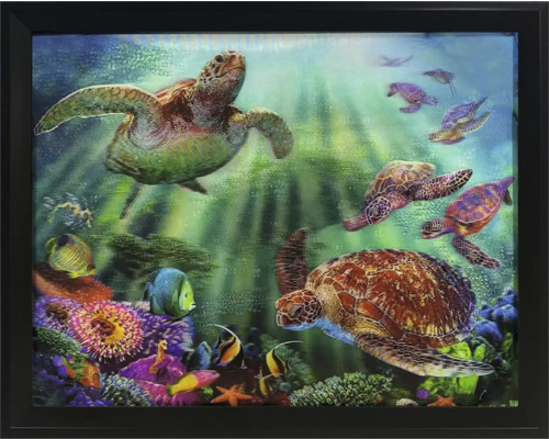 Dekoratives Wandbild mit einem Unterwassermotiv mit Schildkröten und Fischen in einem Rahmen