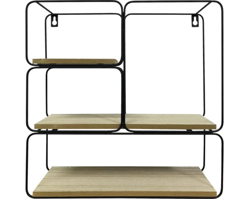 Wandregal mit drei Holzablagen und schwarzem Metallrahmen
