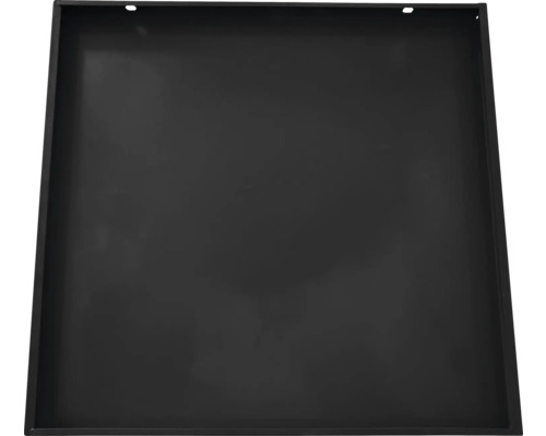 Schwarze Pflanzschale aus Metall mit Löchern zur Befestigung.