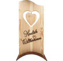 Dekoratives Holzschild mit Herz und dem Schriftzug Herzlich Willkommen