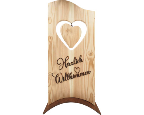 Dekoobjekt Badeko Lärchenständer Willkommen Holz auf Stahl 35 x 18 x 72 cm braun Dekoratives Holzschild mit Herz und dem Schriftzug Herzlich Willkommen