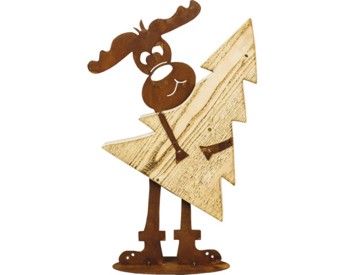 Dekorative Elchfigur aus Metall und Holz mit Weihnachtsbaum