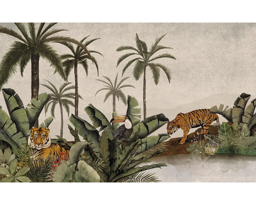 Tapete mit Dschungelmotiv, inklusive Palmen, Tiger und Tukan