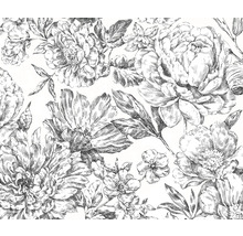Schwarz-weißes Blumenmuster mit Blüten und Blättern