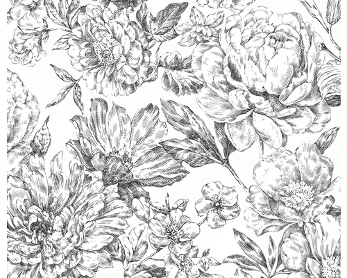 Schwarz-weißes Blumenmuster mit Blüten und Blättern
